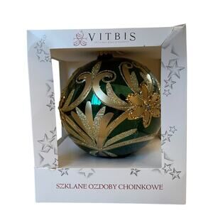 Vitbis Poland Hand Painted Large 6in Glass Ornament Gold Floral on Green NEW